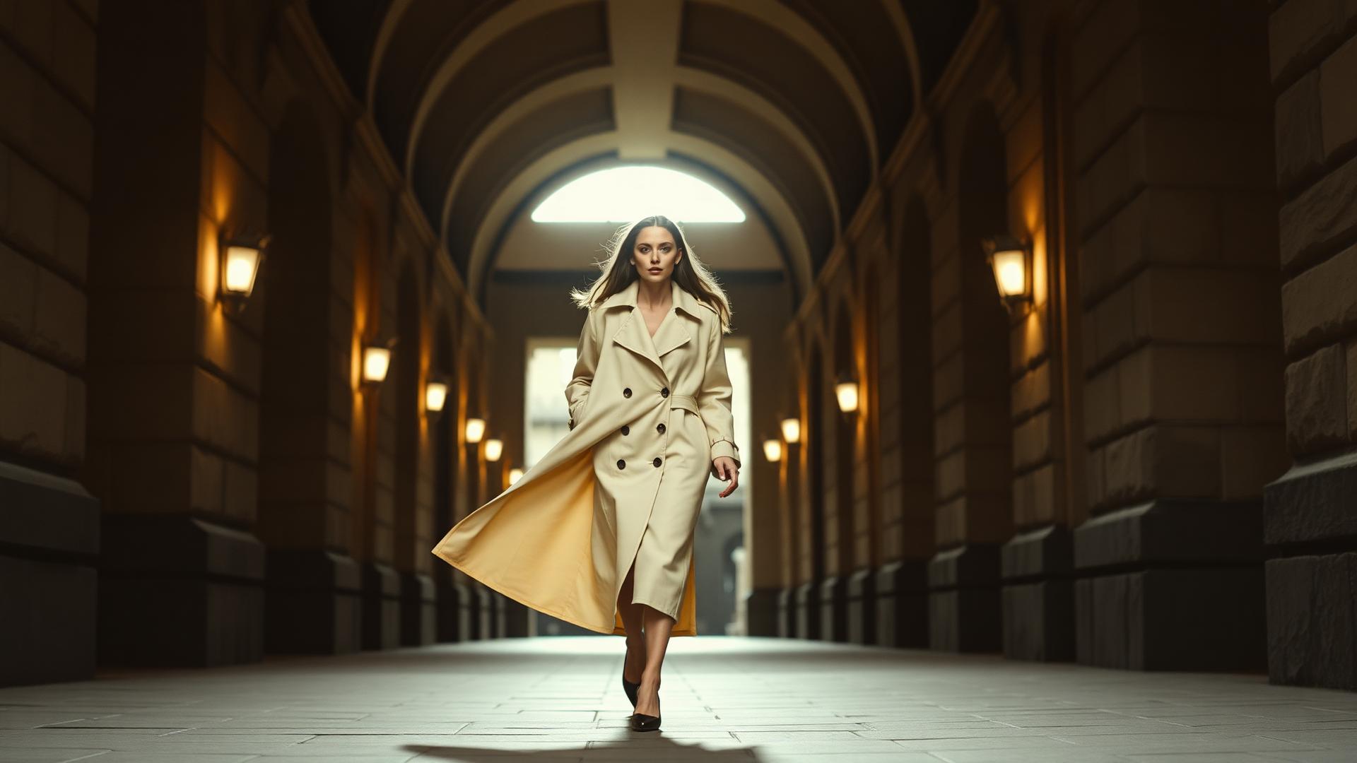 Model in cream trench coat walking through a stone arcade at dusk.