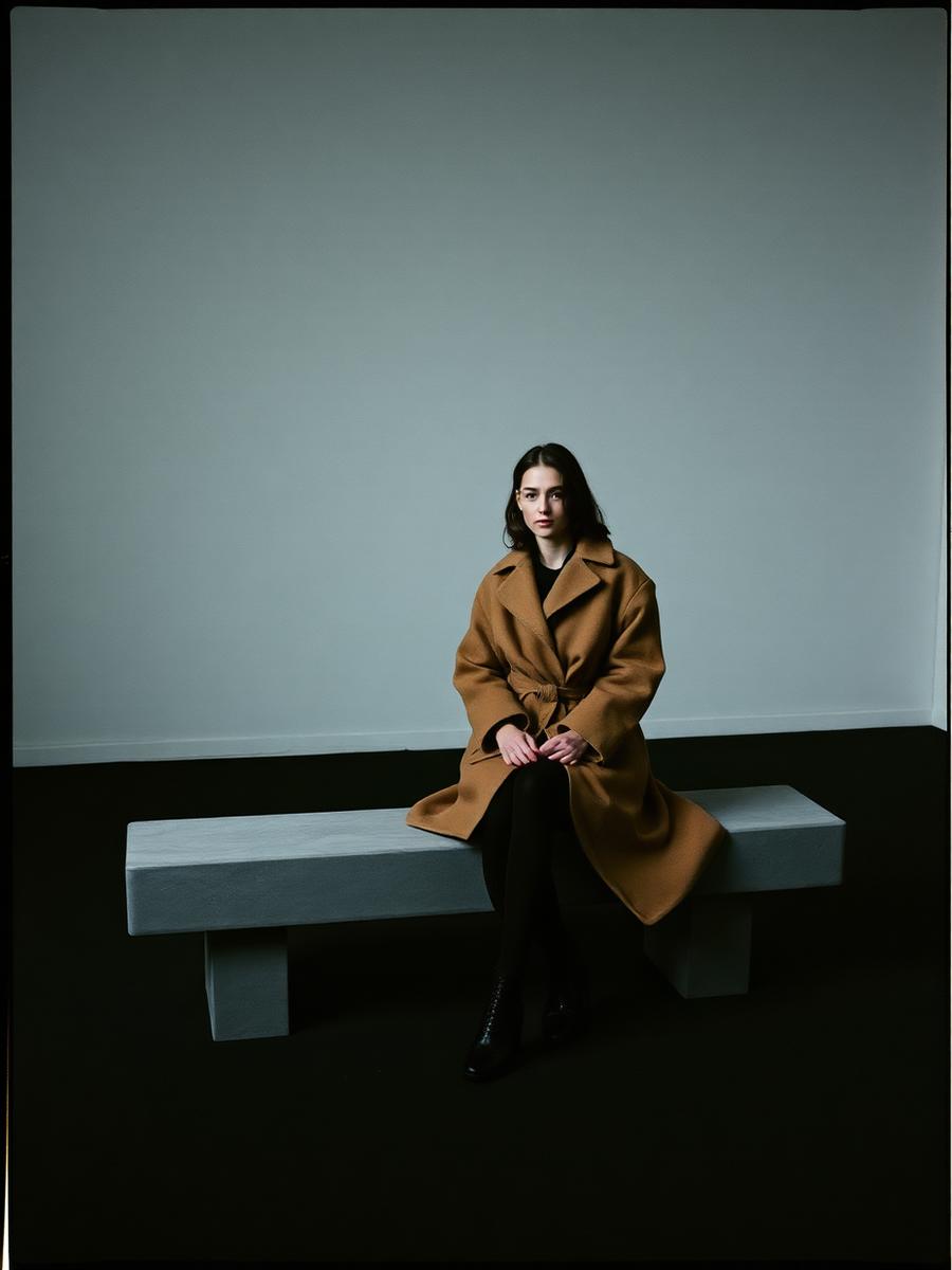 Model seated wearing camel wool coat